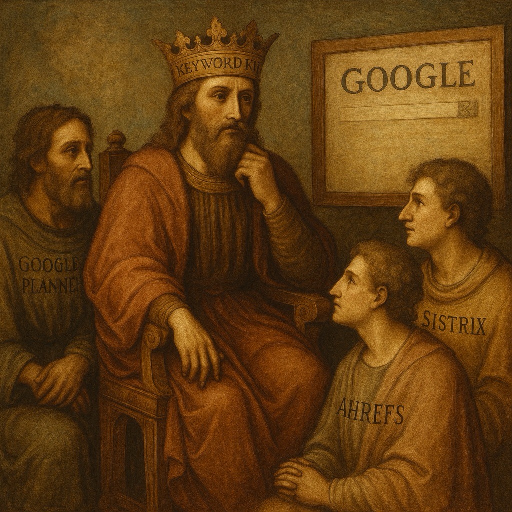 Keywordkönig SEO Contest 2025 Keywordkönig SEO Contest 2025 sitzt auf einem Thron mit einer Krone und starrt auf Google im Webbrowser